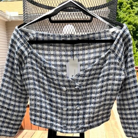 ZARA Women's Textured Off Shoulder Cropped Top Jacket Blue White Plaid Sz Large - Picture 5 of 12
